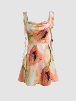 Cider - Orange Satin Ruched Ruffle Hem Mini Dress