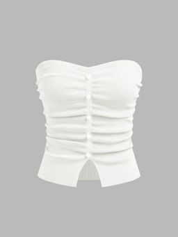 Cider - White Faux Pearl Split Ruched Knit Crop Top