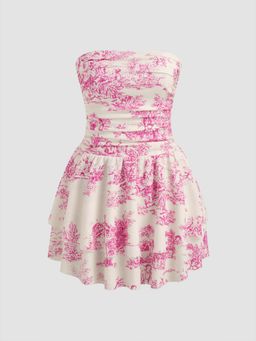 Cider - Pink Toile De Jouy Shirred Ruched Mini Dress