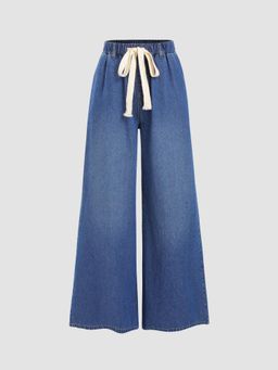 Cider - Navy Blue Leslie Denim High Waist Solid Tie Front Wide Leg Trouser