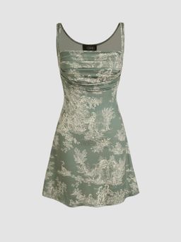 Cider - Green Toile De Jouy Ruched Mini Dress