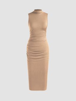 Cider - Khaki High Neck Ruched Midi Dress