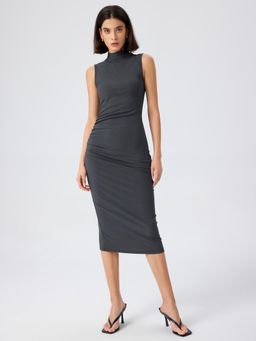Cider - Grey High Neck Ruched Midi Dress