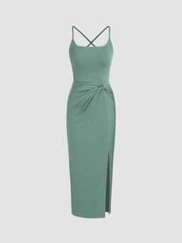 Cider - Green U-Neckline Twist Criss Cross Midi Dress
