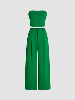 Cider - Green Solid Shirred Tube Top and High Waist Pant (Set of 2)