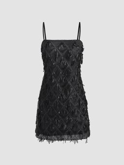 Cider - Black Sequins Square Neck Geometric Tassel Mini Dress
