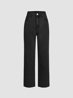 Cider - Black Solid Mid Waist Pocket Straight Leg Jeans