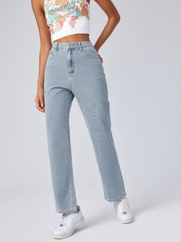 Cider - Blue Solid Mid Waist Pocket Straight Leg Jeans