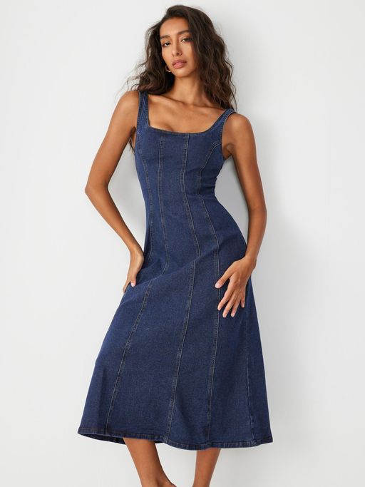 Buy Cider Navy Blue Denim Ruffle Cami Maxi Dress (XS) Online