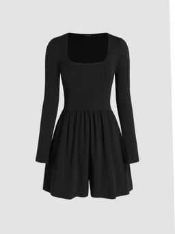 Cider - Black Solid Square Neck Ruffle Playsuit