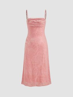 Cider - Pink Mesh Ruched Square Neck Floral Midi Dress