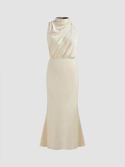 Cider - Cream High Neck Sleeveless Ruched Maxi Dress