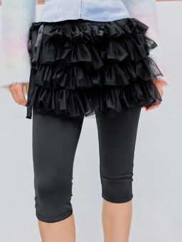 Cider - Black Satin Mid Rise Layered Tulle Ruffle Skirt with Capri (Set of 2)
