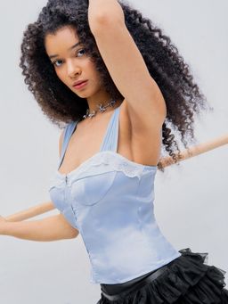 Cider - Blue Lace Hem Corset Zipper Crop Top