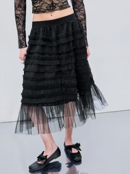 Cider - Black Tulle Mid Rise Ruffle Midi Skirt