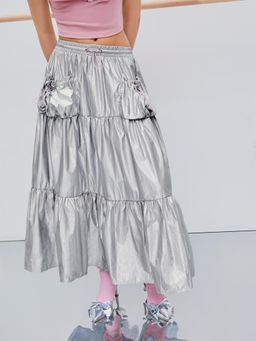 Cider - Silver Mid Rise Tiered Ruffle Hem Maxi Skirt