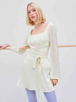 Cider - Cream Satin Square Neck Lace Up Mini Dress
