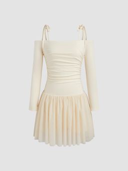 Cider - Beige Off Shoulder Lace Up Ruffle Hem Mini Dress