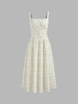 Cider - Green Square Neck Floral Corset Lace Up Midi Dress