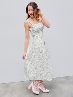 Cider - Blue Square Neck Floral Corset Lace Up Midi Dress