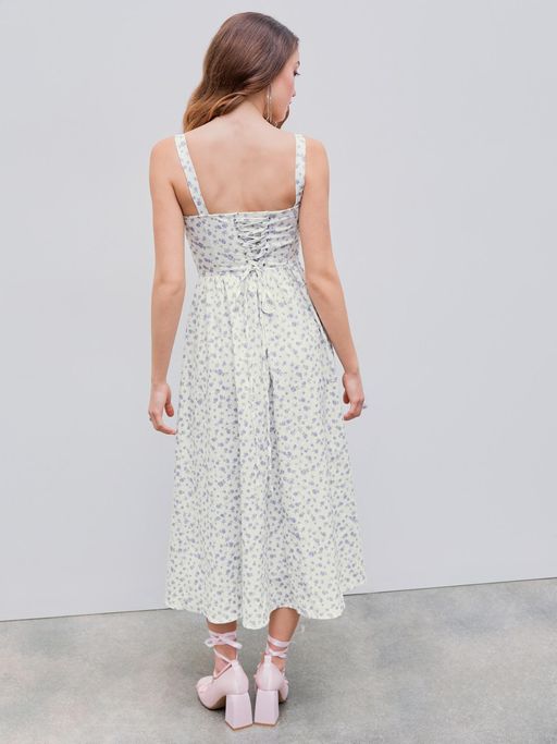 square neck floral corset lace up midi dress Buy Cider Blue Square Neck Floral Corset Lace Up Midi Dress (XXS) Online