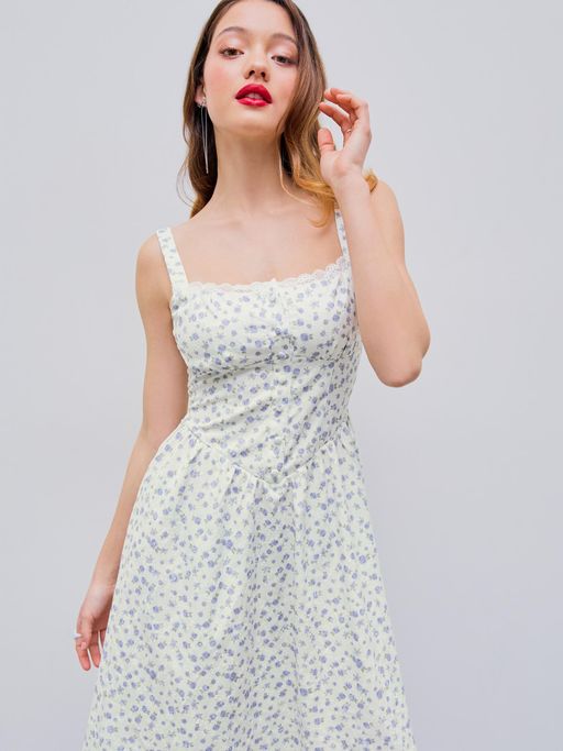 square neck floral corset lace up midi dress Square Neck Floral Corset Lace Up Midi Dress main image 0