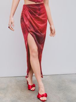 Cider - Red Mesh Mid Rise Rose Print Split Skirt