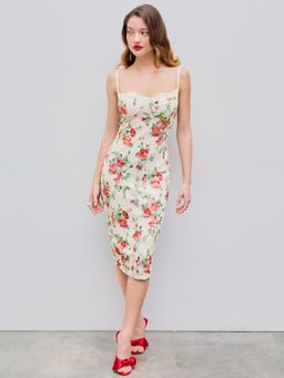 Cider - Beige Lace Shoulder Strap Neck Floral Midi Dress