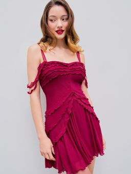 Cider - Wine Mesh Off-Shoulder Ruffle Hem Mini Dress