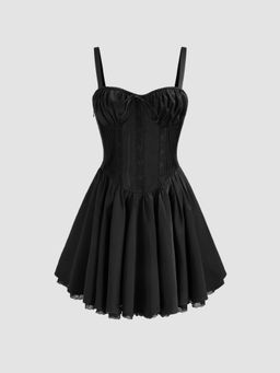 Cider - Black Solid Sweetheart Corset Lace Up Ruffle Mini Dress