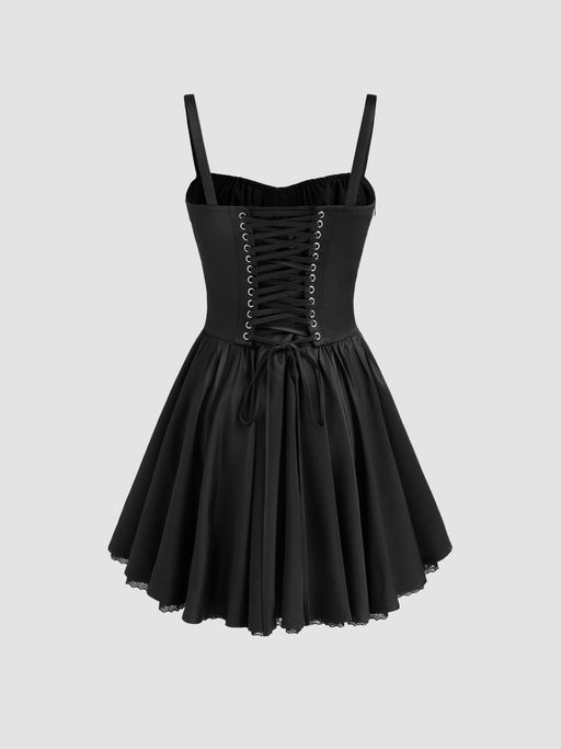 Buy Cider Black Solid Sweetheart Corset Lace Up Ruffle Mini Dress (XS)  Online