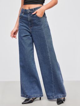 Cider - Blue High Waist Solid Wide Leg Jeans