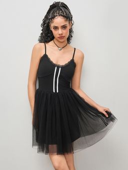 Cider - Black Mesh Sweetheart Lace Trim Mini Dress