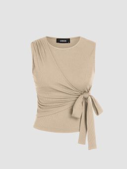 Cider - Beige Round Neck Bowknot Solid Tank Top