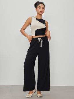 Cider - Black Round Neck Contrasting Crop Tank Top and Drawstring Trouser (Set of 2)