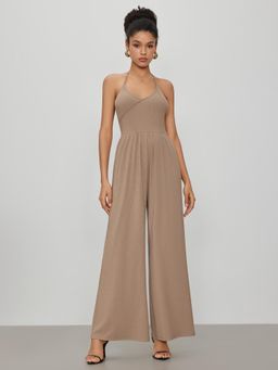Cider - Khaki Halter Neck Solid Wrap Wide Leg Jumpsuit