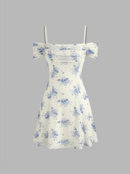 Cider - Blue Off-Shoulder Removable Bowknot Floral Mini Dress