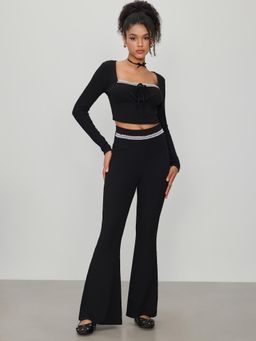 Cider - Black Knit Contrasting Binding Bowknot Corset Crop Top and Flared Trouser (Set of 2)