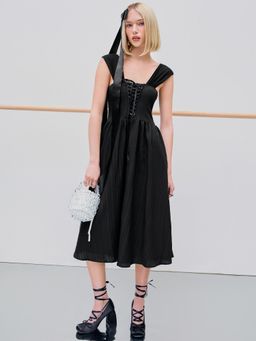 Cider - Black Lace Up Ruffle Midi Dress