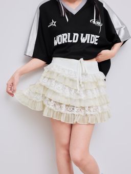 Cider - Beige Elastic Waist Knotted Lace Layered Mini Skirt