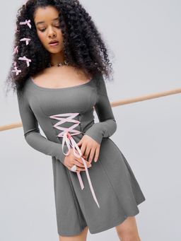 Cider - Grey Scoop Neck Contrasting Binding Mini Dress