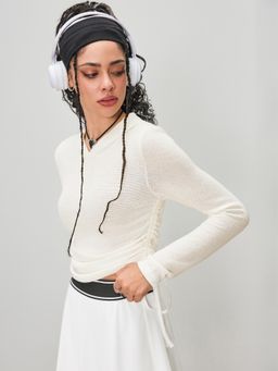 Cider - White Drawstring Ruched Solid Hoodie