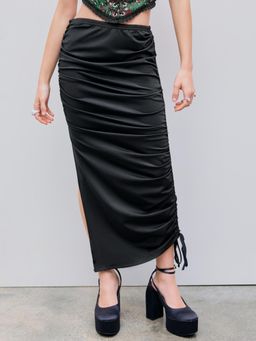 Cider - Black Mid Rise Solid Drawstring Split Maxi Skirt