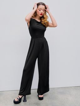 Cider - Black Boat Neck Twist Backless Wide Leg Jumpsuit