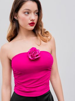 Cider - Pink Mesh Strapless Rosette Ruched Crop Tube Top