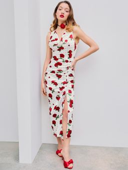 Cider - White Cowl Neck Random Floral Split Maxi Dress with Rosette Chocker Necklace (Set of 2)