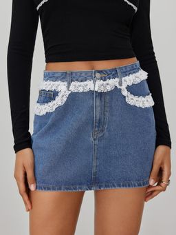 Cider - Blue Denim Mid Rise Contrasting Lace Mini Skirt