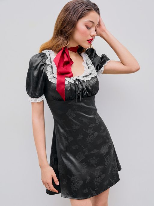 cider floral puff sleeve mini dress Buy Cider Black Lace Floral Tie Back Puff Sleeve Mini Dress (XXS) Online