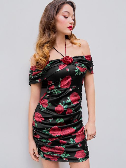 Buy Cider Black Asymmetrical Neck Rosette Floral Ruched Mini Dress (XXS)  Online