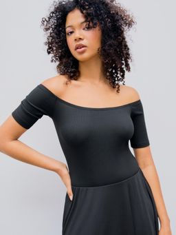 Cider - Black Rib Off Shoulder Solid Bodysuit
